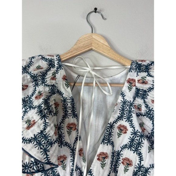 NWT Lug Von Siga Linen Jessica Back Tie Ruffle Sleevless Blue Flower Blouse Top - Picture 7 of 8